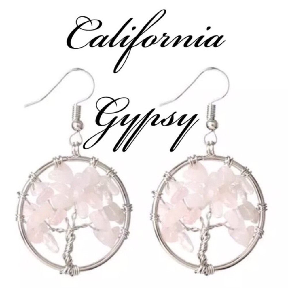 Tree Of Life Rose Quartz Silver Earrings - Picture 3 of 3
